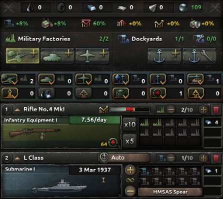 Production of submarine's in hoi4