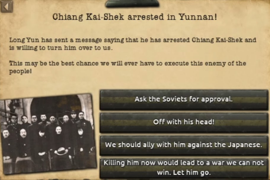 Chiang Kai-shek arrested event in hoi4